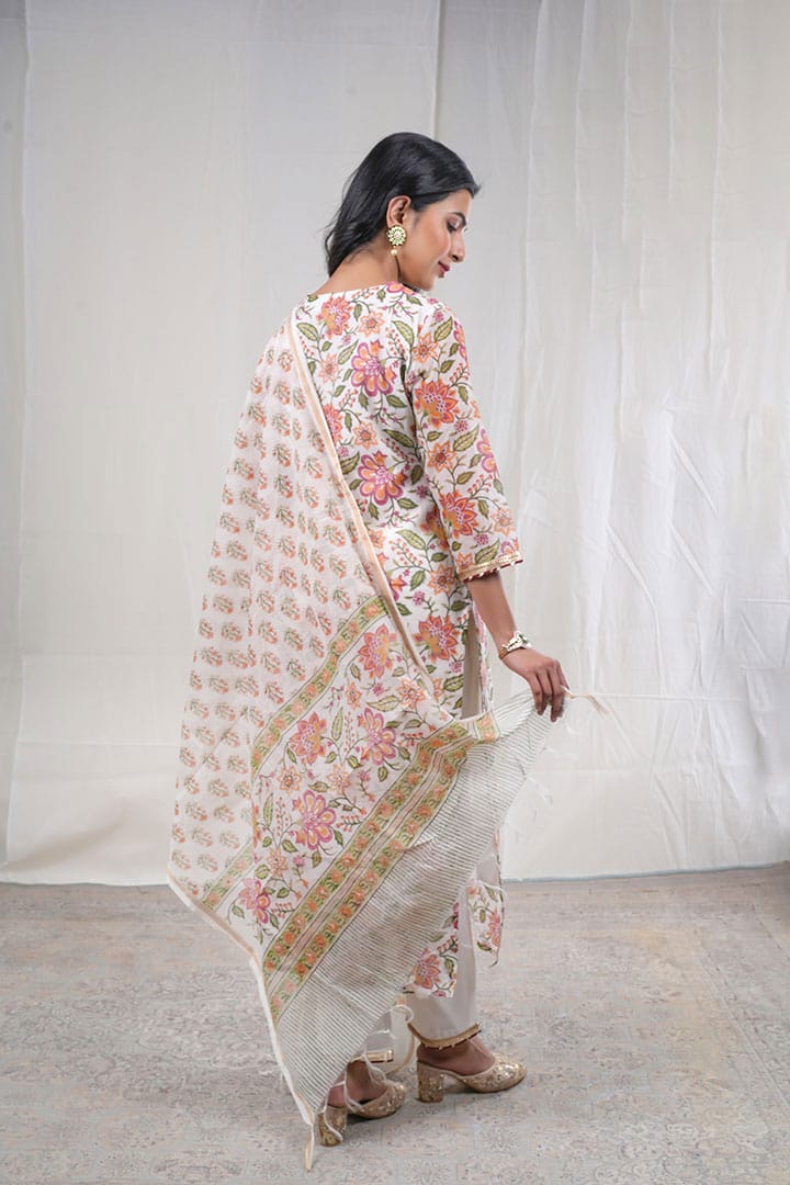 Pushpika – Floral Block Print Chanderi Silk 3 Piece Suit Set in White, Beige Color, Tarangini Collection – Ethnic Wear
