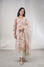 Pushpika – Floral Block Print Chanderi Silk 3 Piece Suit Set in White, Beige Color, Tarangini Collection – Ethnic Wear