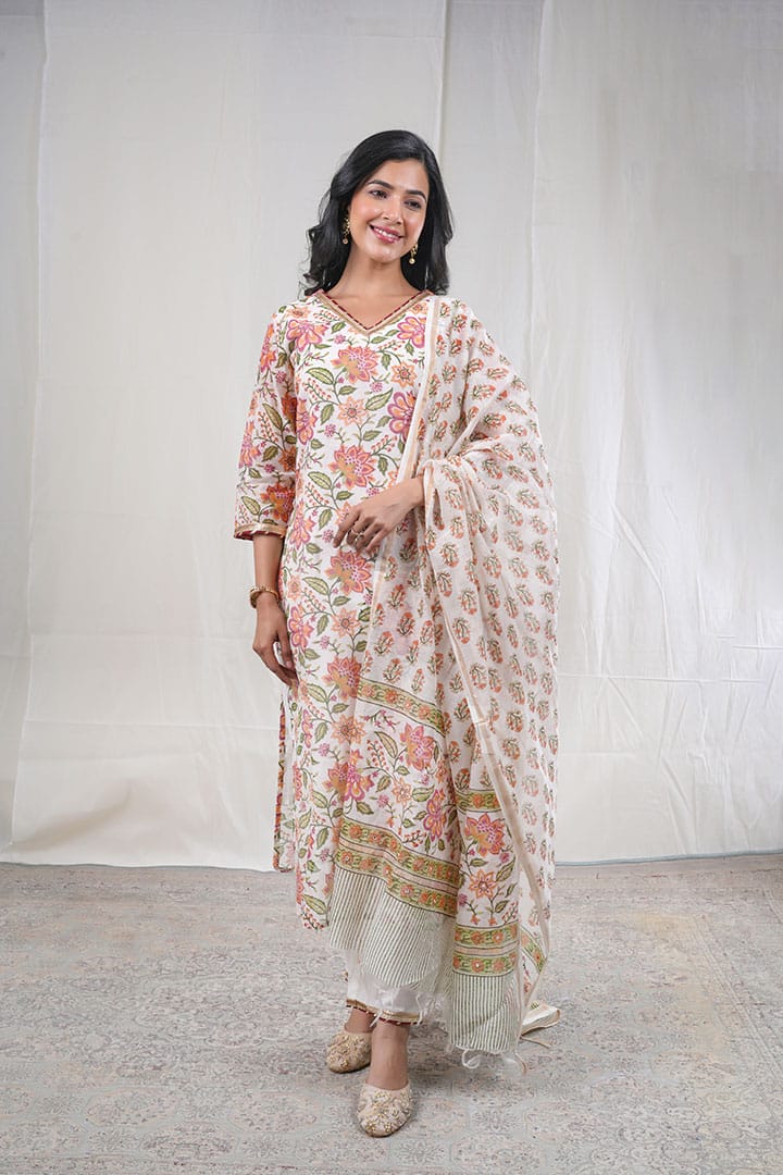Pushpika – Floral Block Print Chanderi Silk 3 Piece Suit Set in White, Beige Color, Tarangini Collection – Ethnic Wear