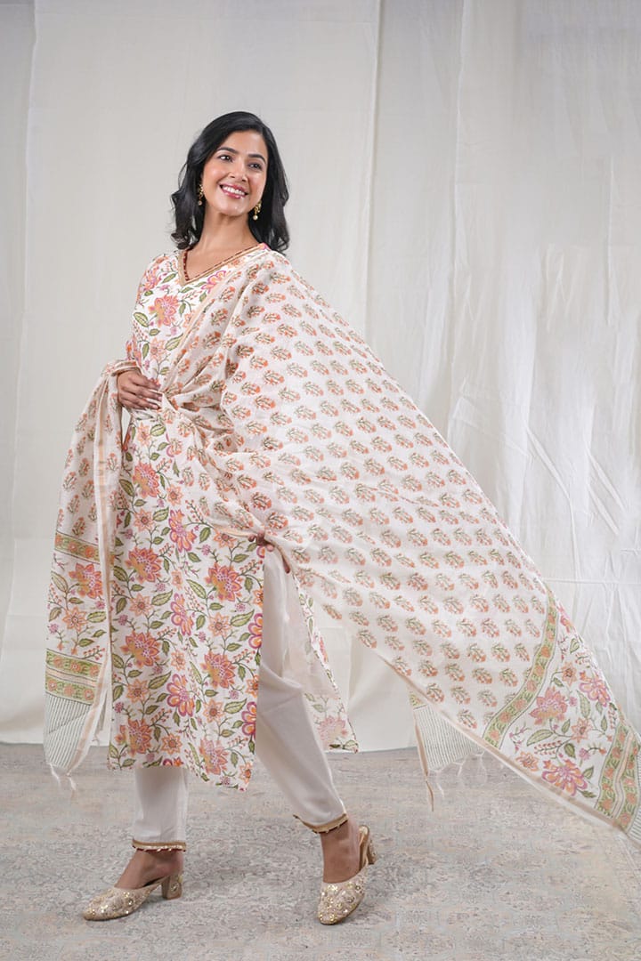 Pushpika – Floral Block Print Chanderi Silk 3 Piece Suit Set in White, Beige Color, Tarangini Collection – Ethnic Wear