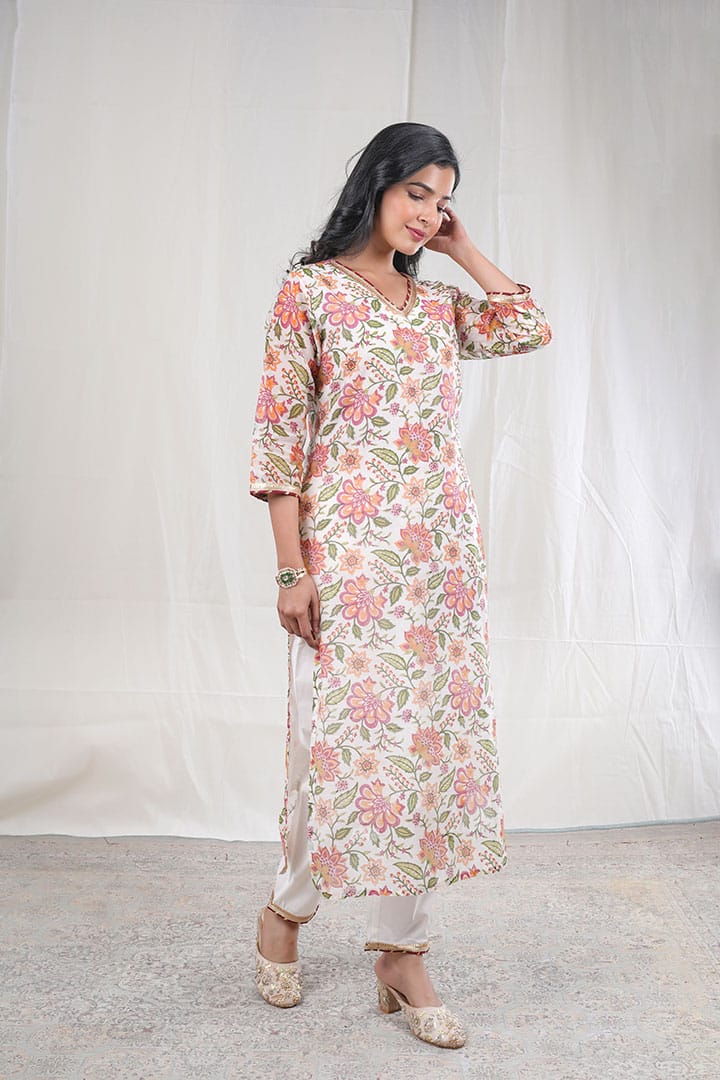 Pushpika – Floral Block Print Chanderi Silk 3 Piece Suit Set in White, Beige Color, Tarangini Collection – Ethnic Wear