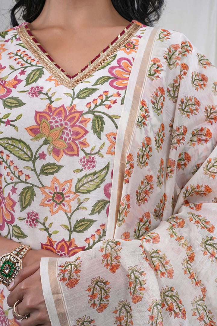 Pushpika – Floral Block Print Chanderi Silk 3 Piece Suit Set in White, Beige Color, Tarangini Collection – Ethnic Wear