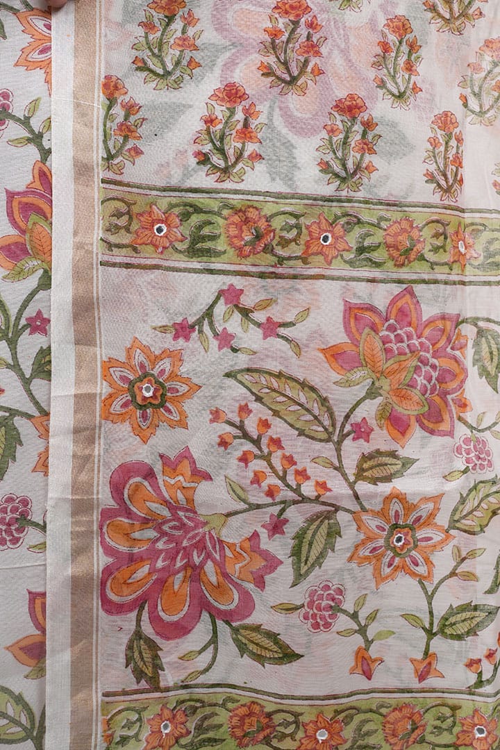 Pushpika – Floral Block Print Chanderi Silk 3 Piece Suit Set in White, Beige Color, Tarangini Collection – Ethnic Wear