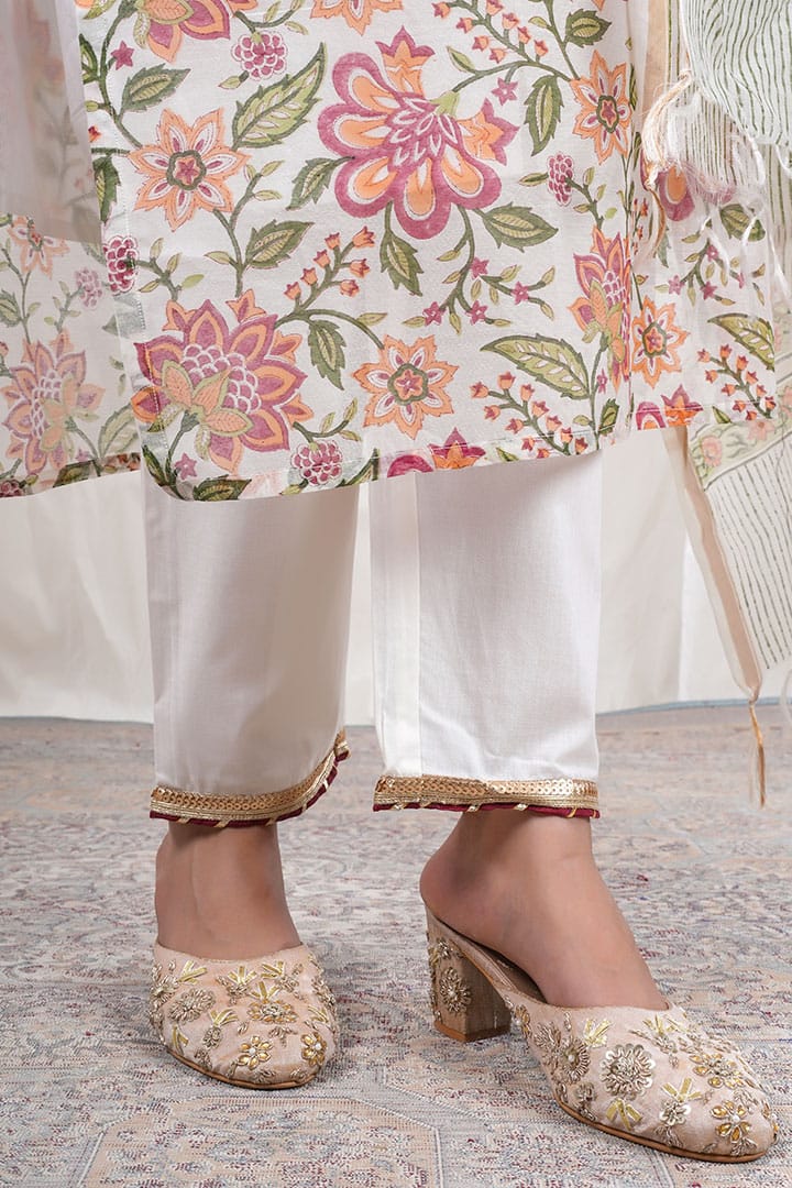 Pushpika – Floral Block Print Chanderi Silk 3 Piece Suit Set in White, Beige Color, Tarangini Collection – Ethnic Wear