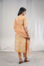 Aarushi – Block Floral Print Premium Cotton 3 Piece Suit Set in Yellow Color, Amba Collection – Ethnic Wear