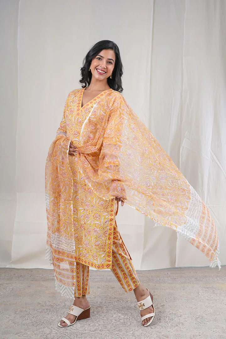Aarushi – Block Floral Print Premium Cotton 3 Piece Suit Set in Yellow Color, Amba Collection – Ethnic Wear