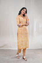 Aarushi – Block Floral Print Premium Cotton 3 Piece Suit Set in Yellow Color, Amba Collection – Ethnic Wear