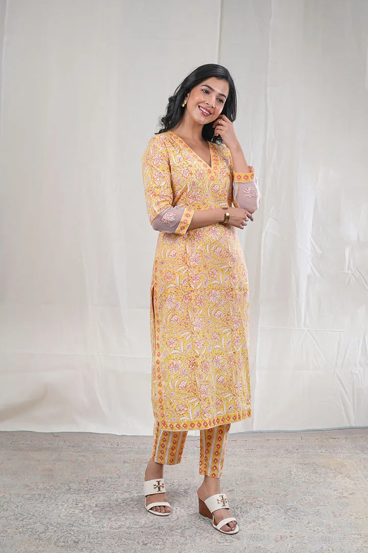 Aarushi – Block Floral Print Premium Cotton 3 Piece Suit Set in Yellow Color, Amba Collection – Ethnic Wear