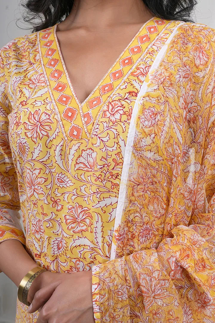 Aarushi – Block Floral Print Premium Cotton 3 Piece Suit Set in Yellow Color, Amba Collection – Ethnic Wear