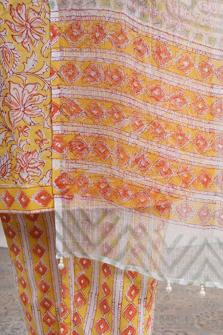 Aarushi – Block Floral Print Premium Cotton 3 Piece Suit Set in Yellow Color, Amba Collection – Ethnic Wear