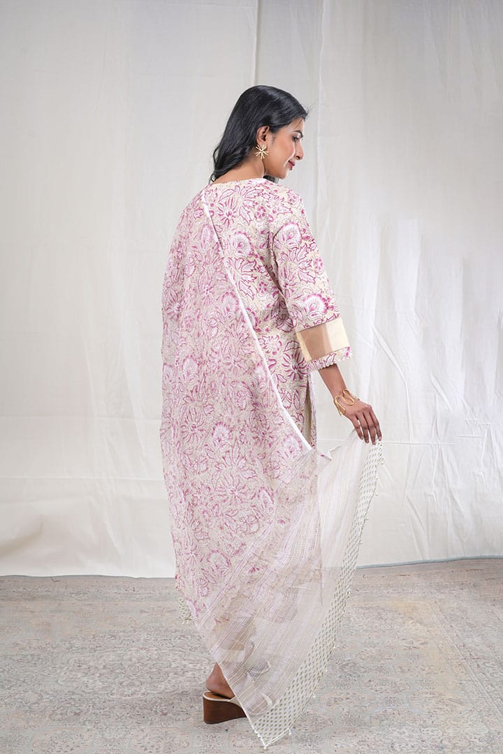 Shewatika – Floral Block Print Premium Cotton 3 Piece Suit Set in Beige ,Purple, white Color, Tarangini Collection – Ethnic Wear