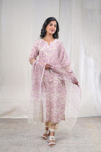 Shewatika – Floral Block Print Premium Cotton 3 Piece Suit Set in Beige ,Purple, white Color, Tarangini Collection – Ethnic Wear