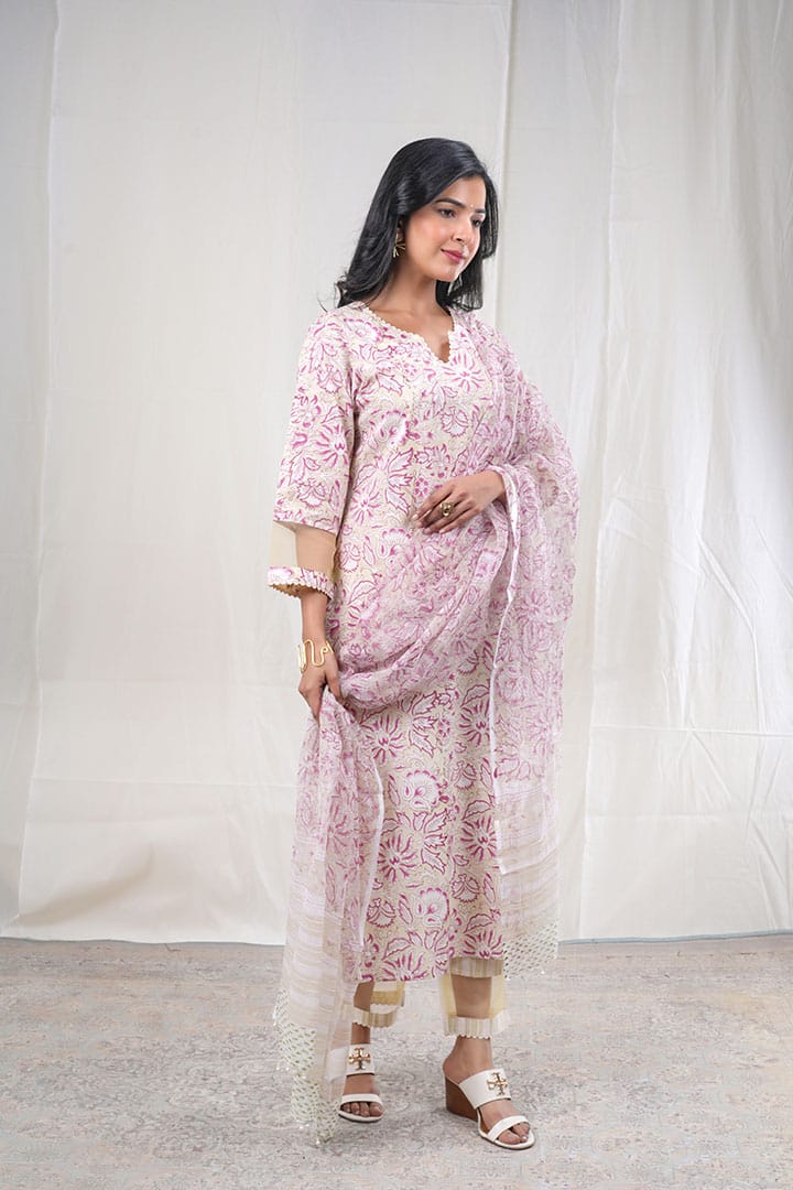 Shewatika – Floral Block Print Premium Cotton 3 Piece Suit Set in Beige ,Purple, white Color, Tarangini Collection – Ethnic Wear