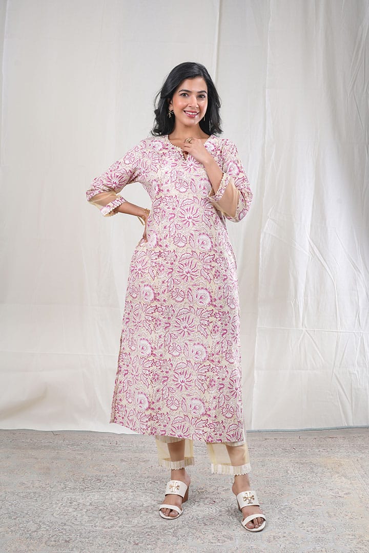 Shewatika – Floral Block Print Premium Cotton 3 Piece Suit Set in Beige ,Purple, white Color, Tarangini Collection – Ethnic Wear