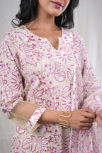 Shewatika – Floral Block Print Premium Cotton 3 Piece Suit Set in Beige ,Purple, white Color, Tarangini Collection – Ethnic Wear