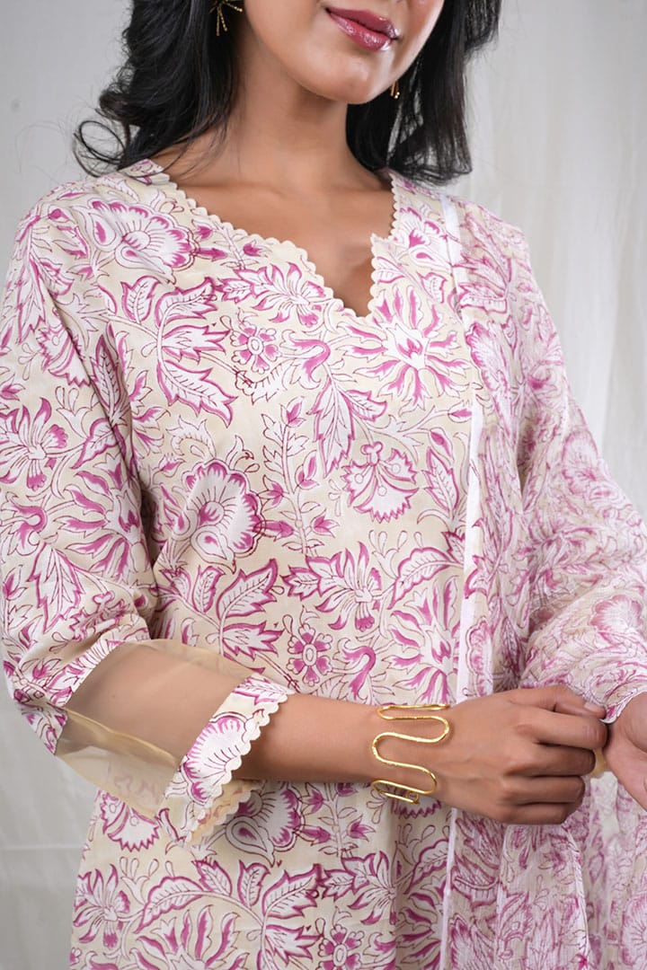 Shewatika – Floral Block Print Premium Cotton 3 Piece Suit Set in Beige ,Purple, white Color, Tarangini Collection – Ethnic Wear