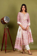 Varnika – Block Floral Print Chanderi Silk 3 Piece Suit Set in Pink Color, Tarangini Collection – Ethnic Wear