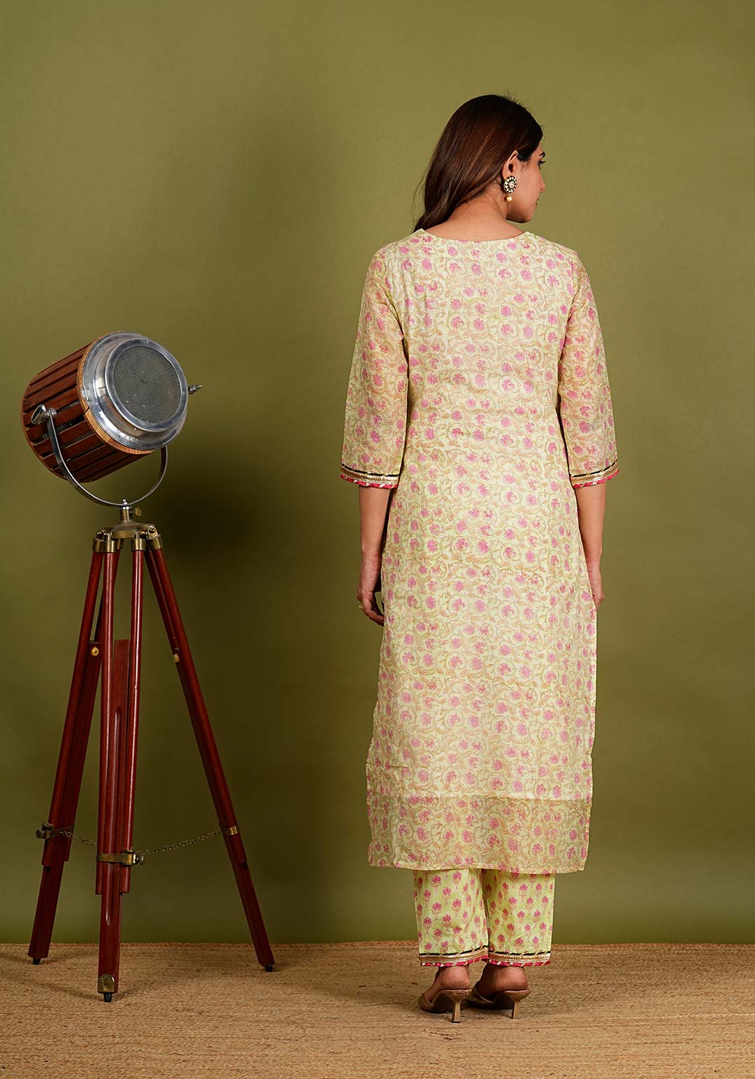 Harini – Floral Block Print Chanderi Silk 3 Piece Suit Set in Light Green Color, Tarangini Collection – Ethnic Wear