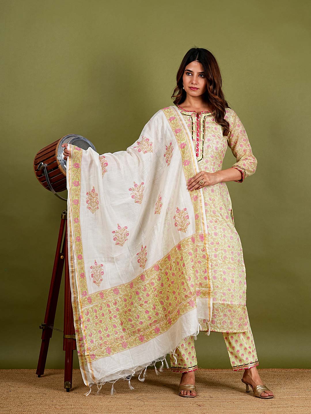 Harini – Floral Block Print Chanderi Silk 3 Piece Suit Set in Light Green Color, Tarangini Collection – Ethnic Wear