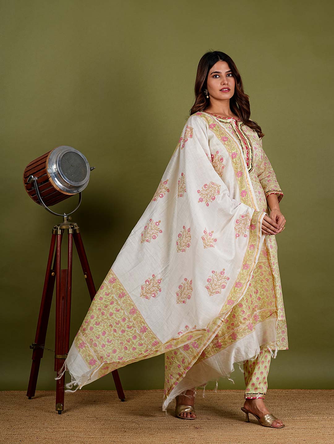 Harini – Floral Block Print Chanderi Silk 3 Piece Suit Set in Light Green Color, Tarangini Collection – Ethnic Wear