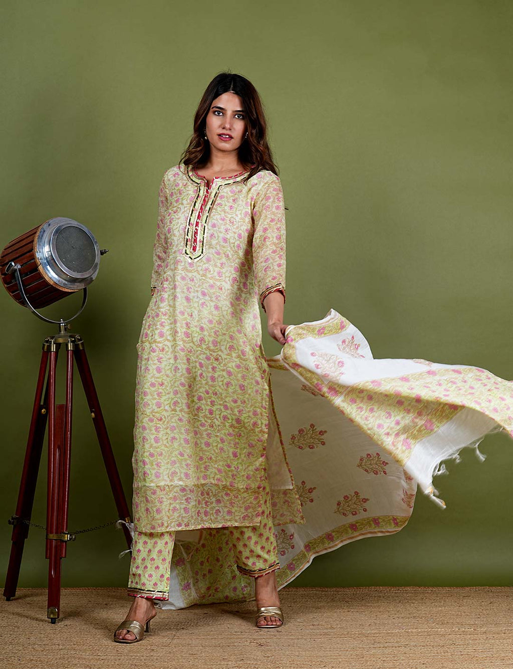 Harini – Floral Block Print Chanderi Silk 3 Piece Suit Set in Light Green Color, Tarangini Collection – Ethnic Wear