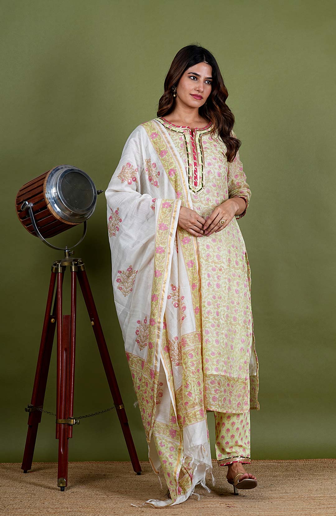 Harini – Floral Block Print Chanderi Silk 3 Piece Suit Set in Light Green Color, Tarangini Collection – Ethnic Wear