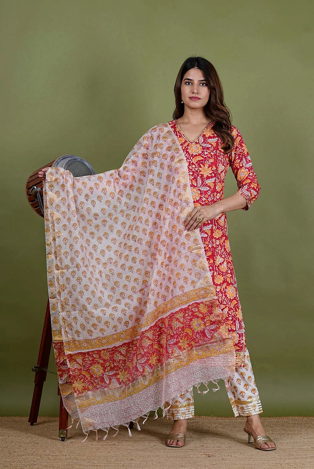 Agnika – Floral Print Premium Cotton 3 Piece Suit Set in RedColor, Amba Collection – Ethnic Wear