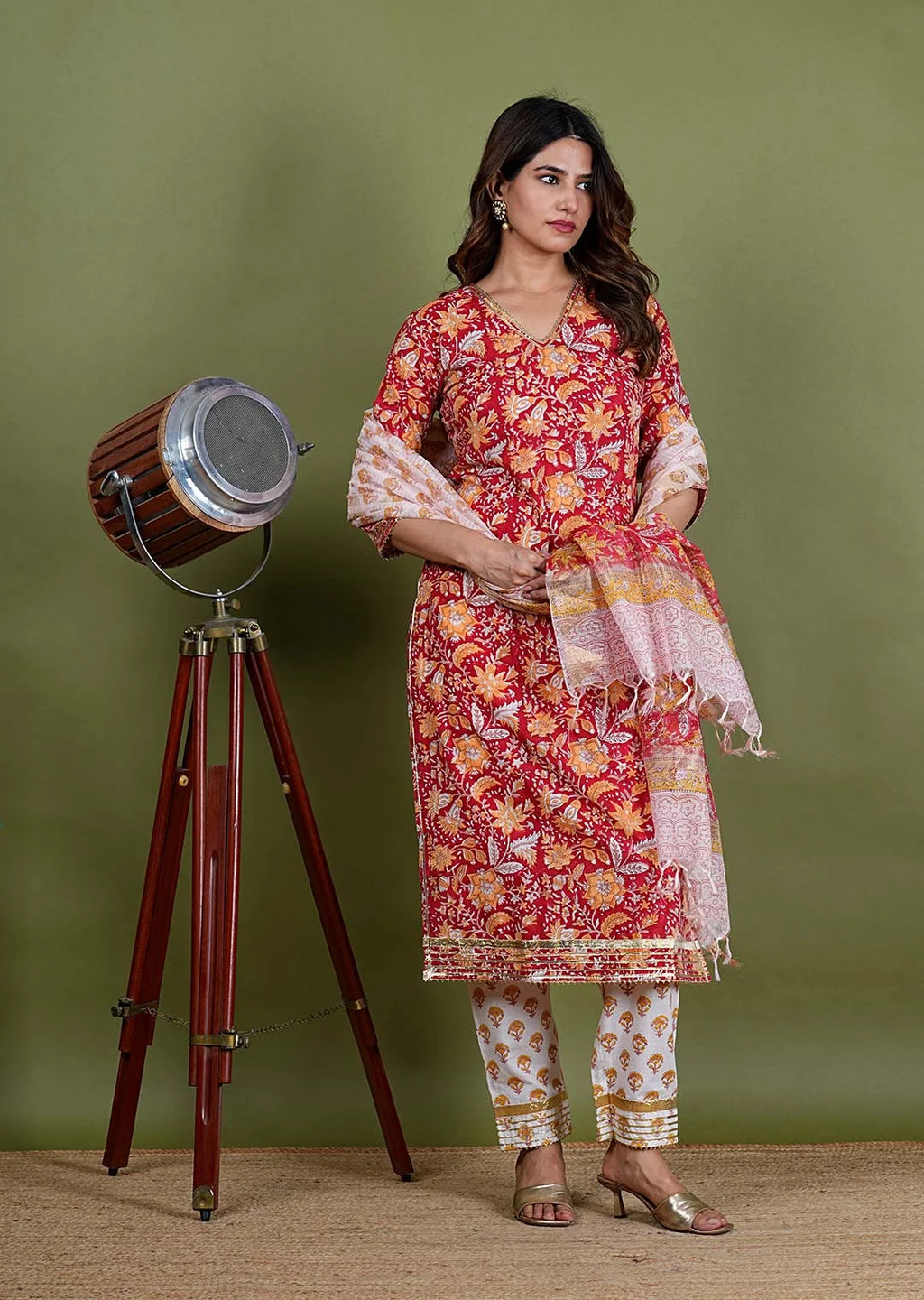 Agnika – Floral Print Premium Cotton 3 Piece Suit Set in RedColor, Amba Collection – Ethnic Wear