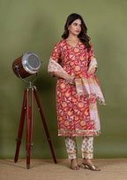 Agnika – Floral Print Premium Cotton 3 Piece Suit Set in RedColor, Amba Collection – Ethnic Wear