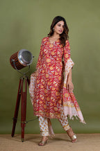 Agnika – Floral Print Premium Cotton 3 Piece Suit Set in RedColor, Amba Collection – Ethnic Wear