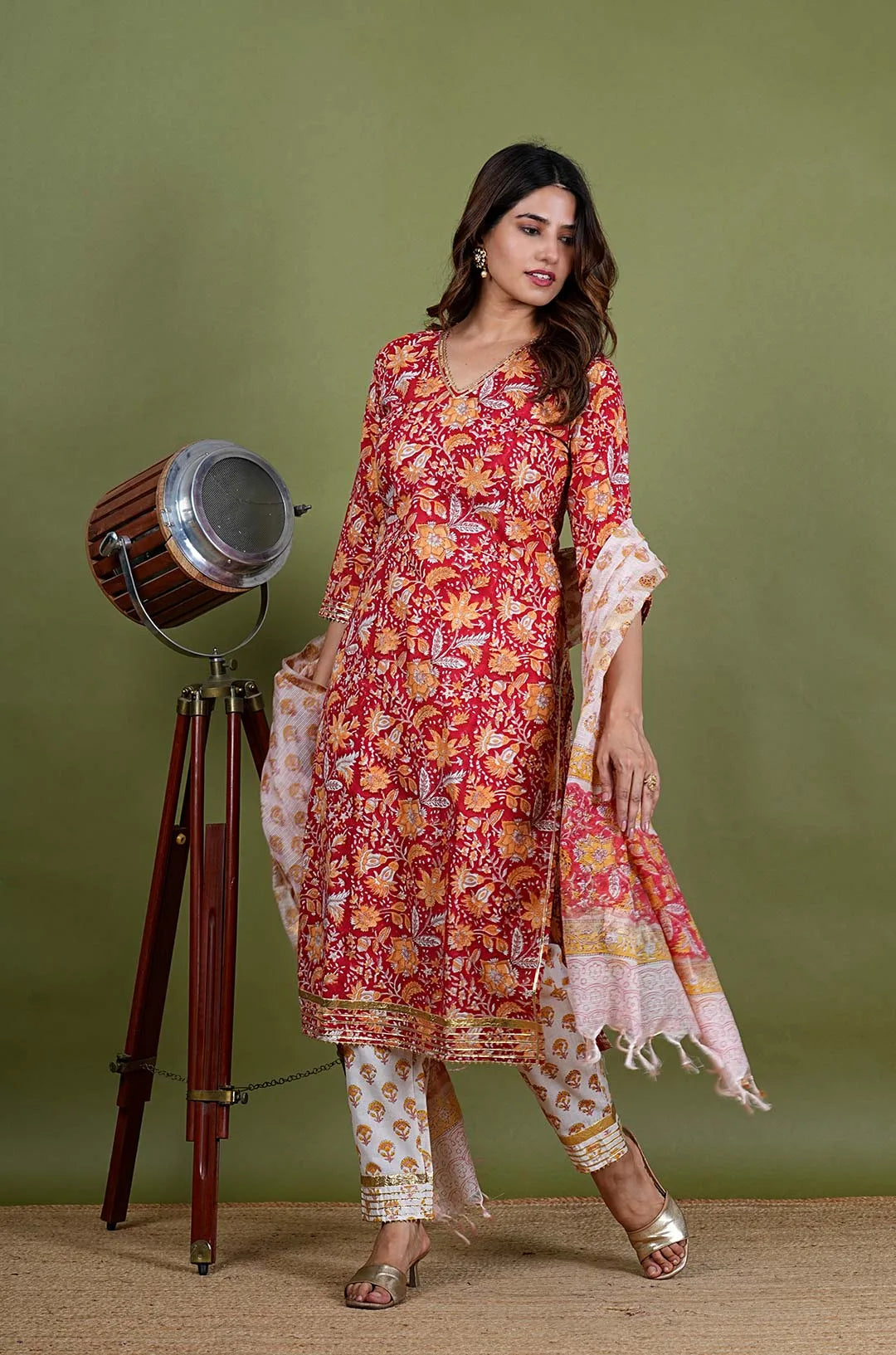 Agnika – Floral Print Premium Cotton 3 Piece Suit Set in RedColor, Amba Collection – Ethnic Wear