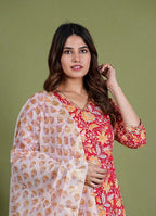 Agnika – Floral Print Premium Cotton 3 Piece Suit Set in RedColor, Amba Collection – Ethnic Wear