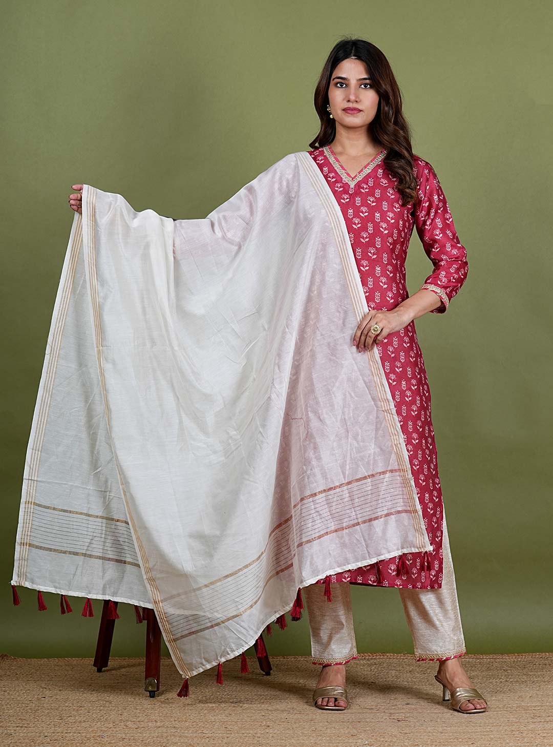 Ranjeeta – Flower Cotton Chanderi 3 Piece Suit set in Maroon, Red Color, Tarangini Collection – Ethnic Wear