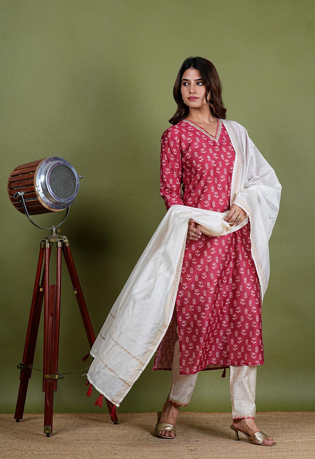 Ranjeeta – Flower Cotton Chanderi 3 Piece Suit set in Maroon, Red Color, Tarangini Collection – Ethnic Wear