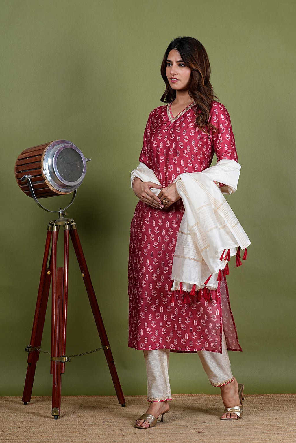 Ranjeeta – Flower Cotton Chanderi 3 Piece Suit set in Maroon, Red Color, Tarangini Collection – Ethnic Wear