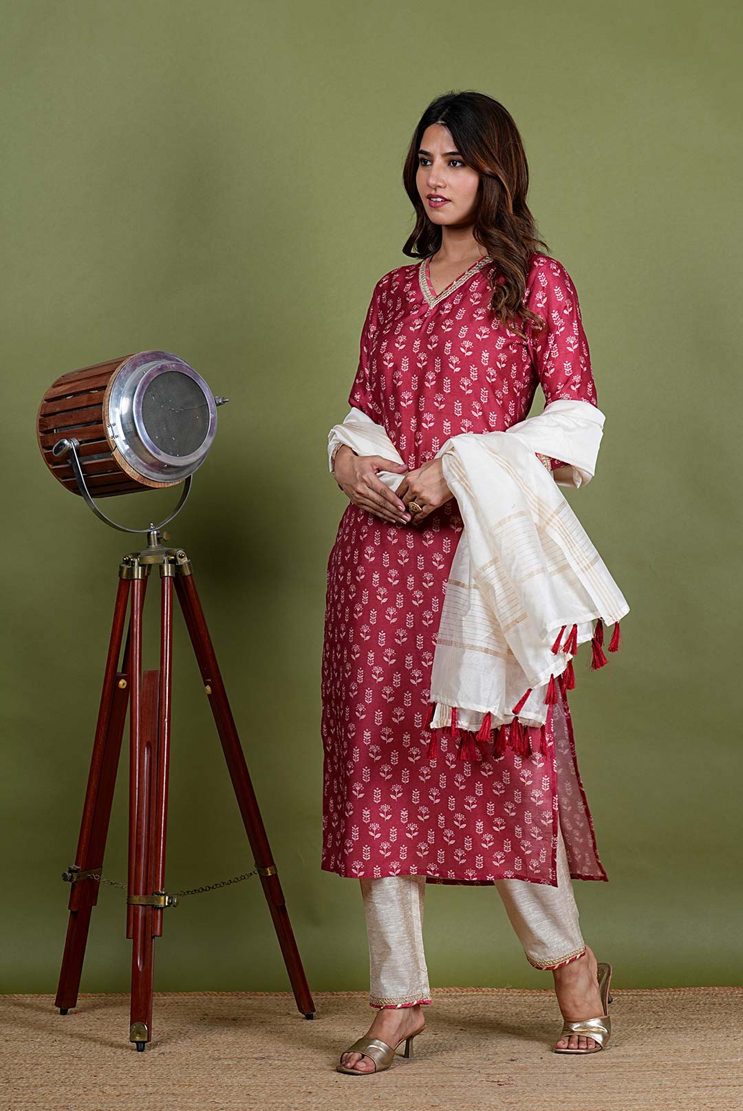 Ranjeeta – Flower Cotton Chanderi 3 Piece Suit set in Maroon, Red Color, Tarangini Collection – Ethnic Wear