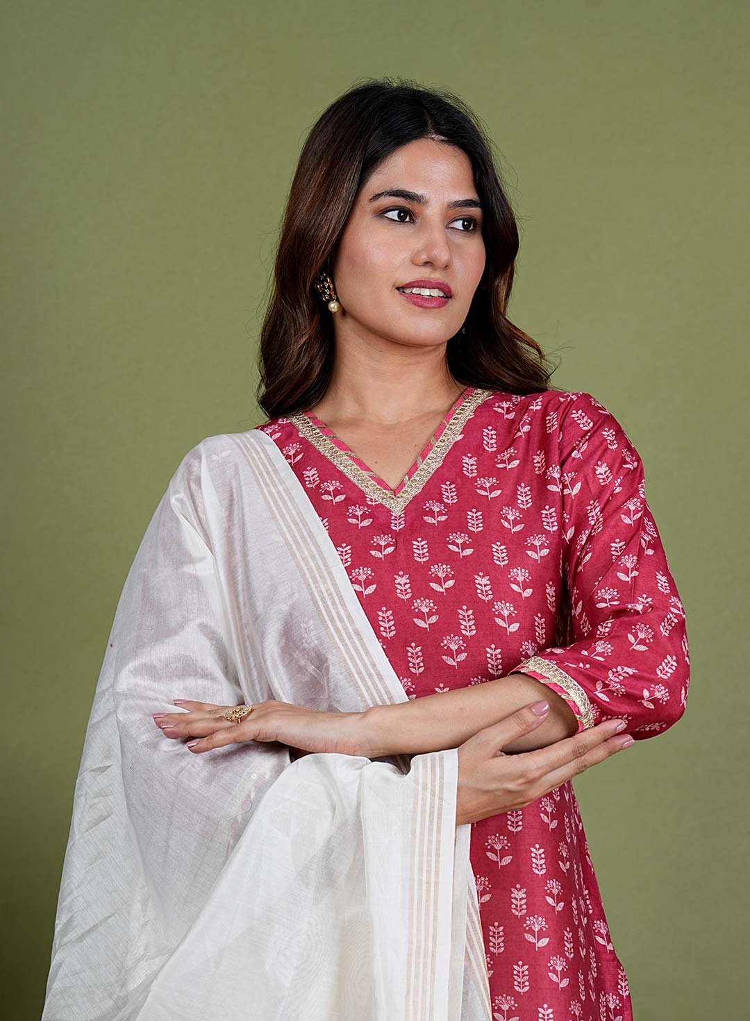 Ranjeeta – Flower Cotton Chanderi 3 Piece Suit set in Maroon, Red Color, Tarangini Collection – Ethnic Wear