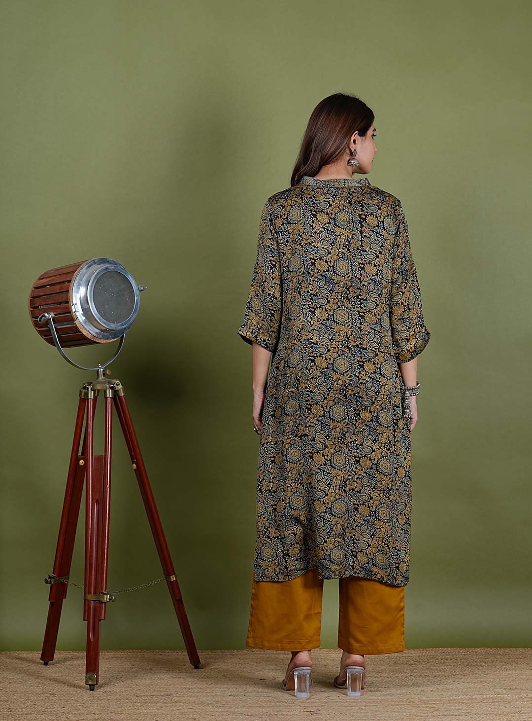 Rishika – Ajrak Modal Silk 2 Piece Kurta Set in Mehendi Green Color, Tarangini Collection – Ethnic Wear