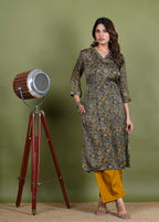 Rishika – Ajrak Modal Silk 2 Piece Kurta Set in Mehendi Green Color, Tarangini Collection – Ethnic Wear