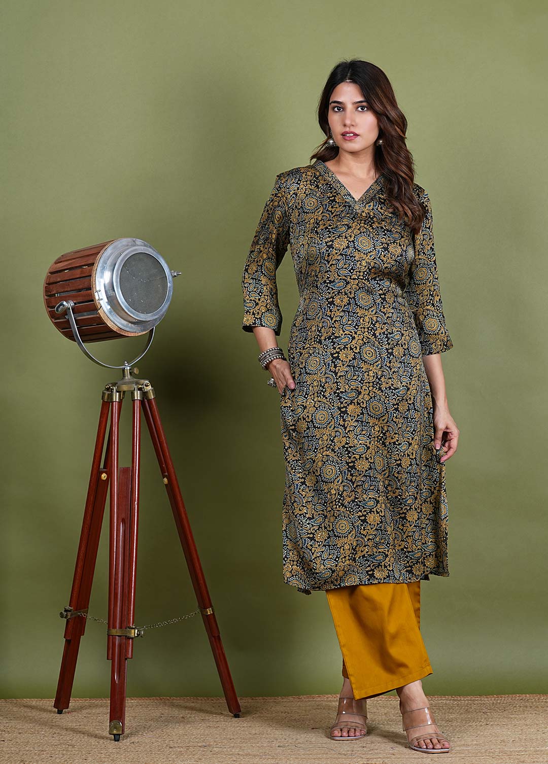Rishika – Ajrak Modal Silk 2 Piece Kurta Set in Mehendi Green Color, Tarangini Collection – Ethnic Wear