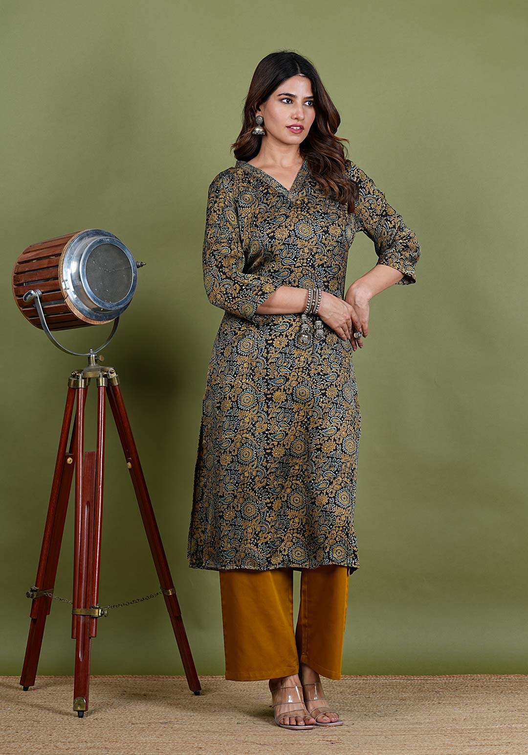 Rishika – Ajrak Modal Silk 2 Piece Kurta Set in Mehendi Green Color, Tarangini Collection – Ethnic Wear