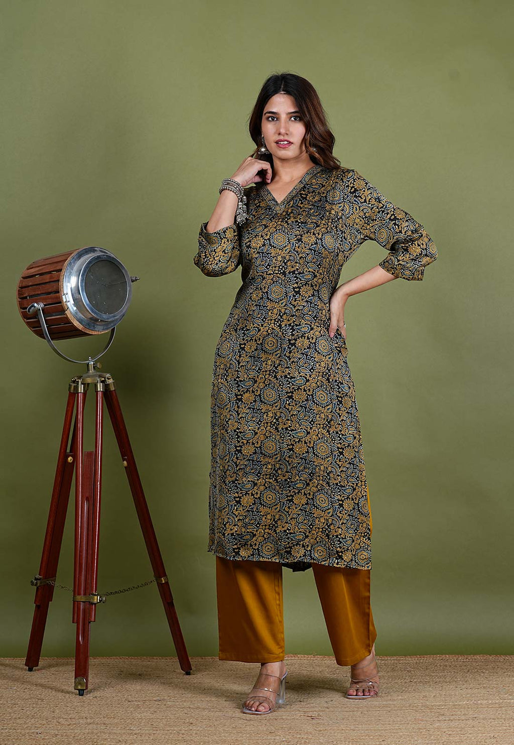 Rishika – Ajrak Modal Silk 2 Piece Kurta Set in Mehendi Green Color, Tarangini Collection – Ethnic Wear