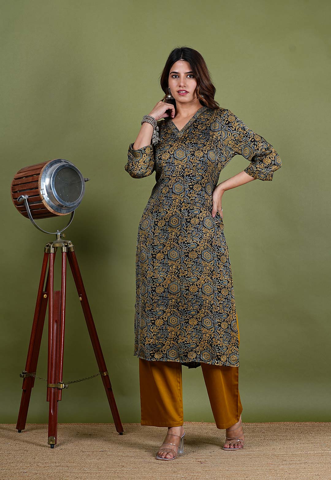 Rishika – Ajrak Modal Silk 2 Piece Kurta Set in Mehendi Green Color, Tarangini Collection – Ethnic Wear