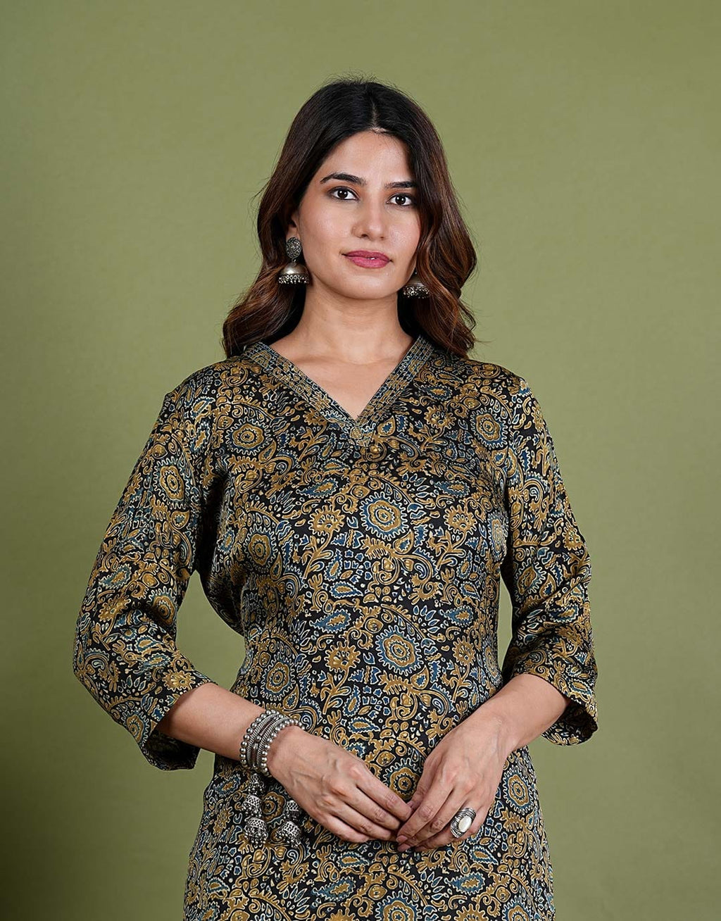 Rishika – Ajrak Modal Silk 2 Piece Kurta Set in Mehendi Green Color, Tarangini Collection – Ethnic Wear