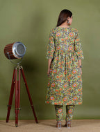 Vamika – Floral Block Print Premium Cotton 2 Piece Kurta Set in Green Color, Tarangini Collection – Ethnic Wear