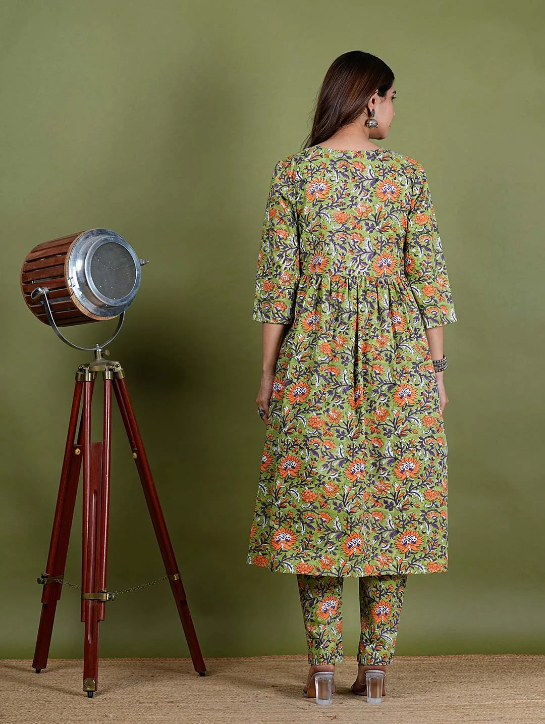 Vamika – Floral Block Print Premium Cotton 2 Piece Kurta Set in Green Color, Tarangini Collection – Ethnic Wear