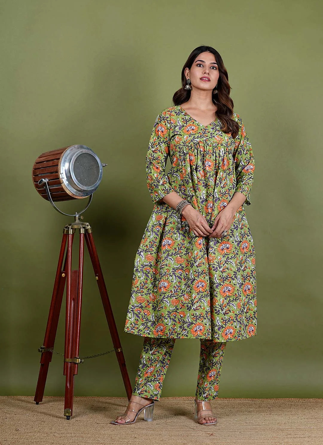 Vamika – Floral Block Print Premium Cotton 2 Piece Kurta Set in Green Color, Tarangini Collection – Ethnic Wear