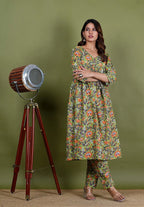 Vamika – Floral Block Print Premium Cotton 2 Piece Kurta Set in Green Color, Tarangini Collection – Ethnic Wear