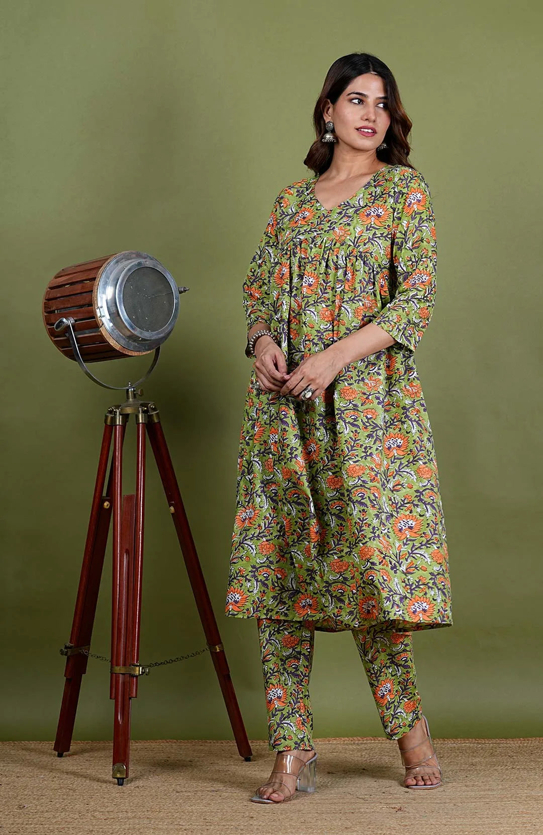 Vamika – Floral Block Print Premium Cotton 2 Piece Kurta Set in Green Color, Tarangini Collection – Ethnic Wear