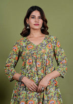 Vamika – Floral Block Print Premium Cotton 2 Piece Kurta Set in Green Color, Tarangini Collection – Ethnic Wear